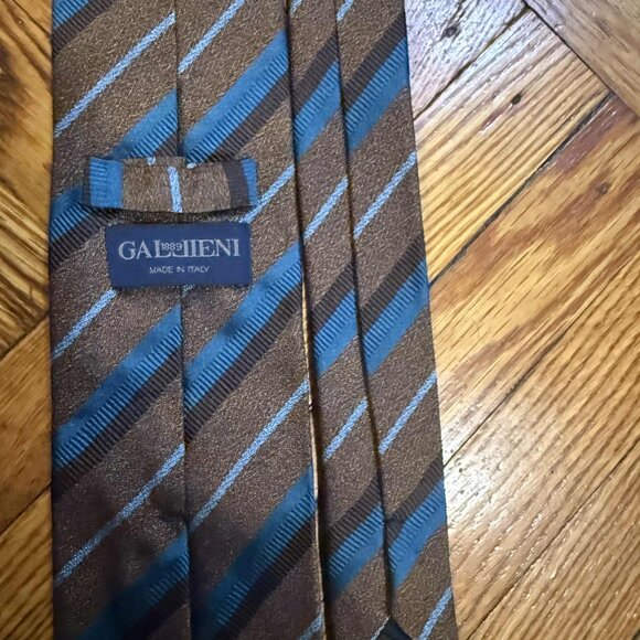 Gallieni 100% Silk Tie Made in Italy Brown & Blue Striped Necktie 63” x 3.5” Lux - Picture 5 of 5